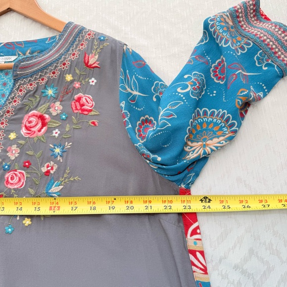 John Mark Embroidered Y-Neck Tunic with Mixed Prints Rayon Blend Multicolor PXL - Picture 5 of 6